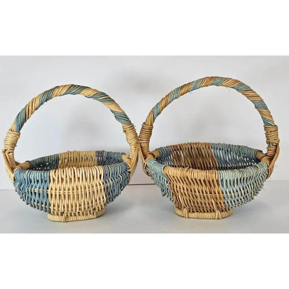 Vintage‎ Small Mini Wicker Baskets Blue Natural Gods Eye Decorative Set of 2